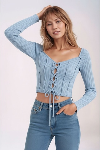 Mamayaga Kadın Yuvarlak Yaka Önden Bağcıklı Uzun Kol Fitilli Crop Boy Spor Şık Bluz Buz Mavisi
