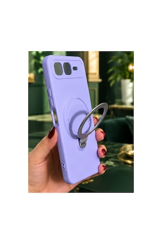 İnfinix Smart 10 Plus İle Uyumlu 360 Derece Dönebilen Kalın Metal Magsafe Halka Stantlı İçi Kadife Korumalı Ultra Lüx Premium Silikon Kılıf Lila
