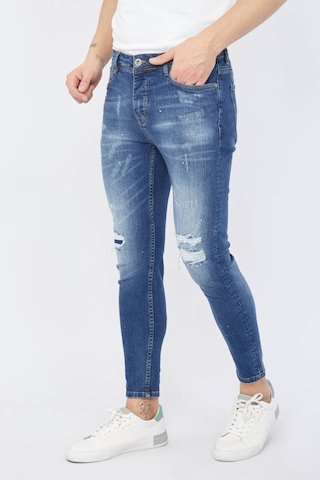Blue White Erkek Skinny Fit Yırtık Detaylı Jean Koyu Mavi 26