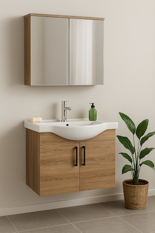 Nova 80 Cm Mdf Ahşapi, Oval Seramik Lavabo, Banyo Dolabı Takımı Ahşap