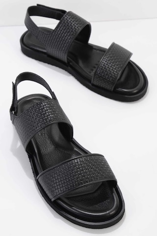 Siyah Baskılı Hakiki Deri Erkek Sandalet E05801041703 Siyah