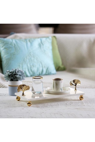 Akayev Mermer Beyaz 30X15 CM Altın Ayak Ginkgo Sunum Tabağı