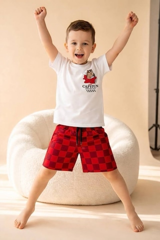 Poala Kids Kırmızı Damalı Şort Takım Çok Renkli