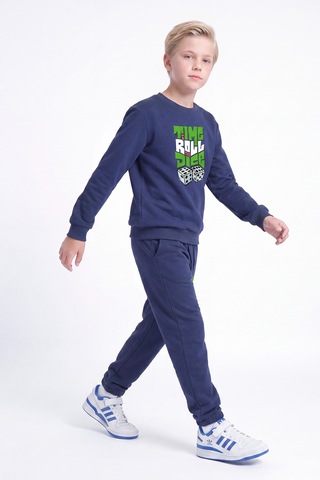 Panios Kids 3 İplik Baskılı Erkek Çocuk Çift Cepli Bisiklet Yaka Eşofman Takımı Lacivert