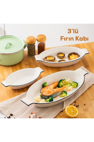 Porsima 085 Oval 3'lü Porselen Fırın Kabı Servis Tabağı Beyaz