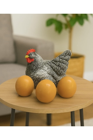 Dekoratif Tavuk Ve Yumurtalar Biblo Seti - Bereket Ve Bolluk Temalı Gri Tavuk Figürü 01