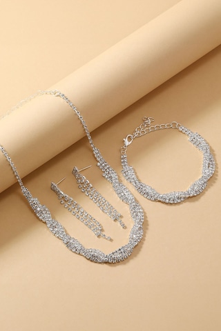 Chavin Düğün Nişan Kına Zirkon Taşlı Bayan Kolye Küpe Set Ev15 Beyaz