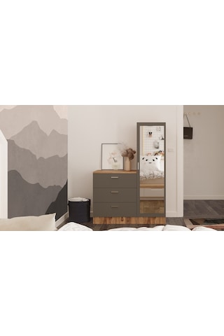 Robin Home Lyana Aynalı Şifonyer Gardırop Çam-Gri