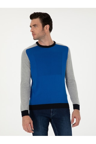 Cacharel Sax Slim Fit Pamuk Karışımlı Bisiklet Yaka Triko Kazak Mavi