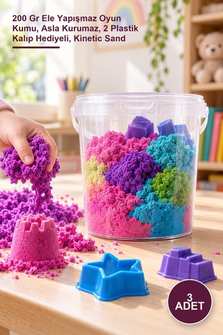 3 Adet Kinetik Kum 200 Gr Ele Yapışmaz Oyun Kumu, Asla Kurumaz, 2 Plastik Kalıp Hediyeli, Kinetic Sand