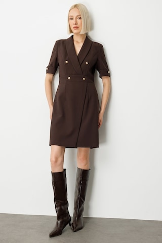 Ekol Kadın Kruvaze Yaka Süs Düğmeli Elbise 4017 Kahverengi Kahverengi