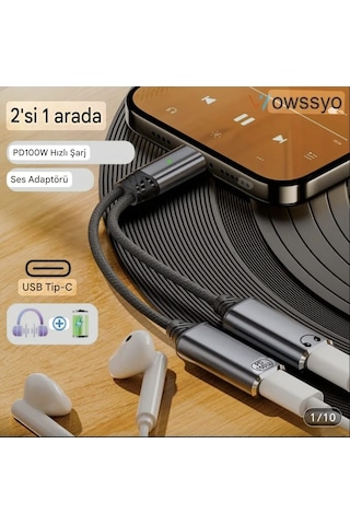 Wowssyo 2'si 1 Arada Type-c To Type-c+100w Şarj Ve Kulaklık Çevirici Adaptör Hi-fi Ses Teknolojisi Ce Lisanslı Sertifikalı Örgülü Sağlam Beyaz - Siyah