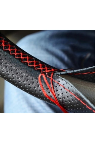 Direksiyon Kılıfı Deri Dikişli Yumuşak Kokusuz Dikmeli Noktalı - Kırmızı