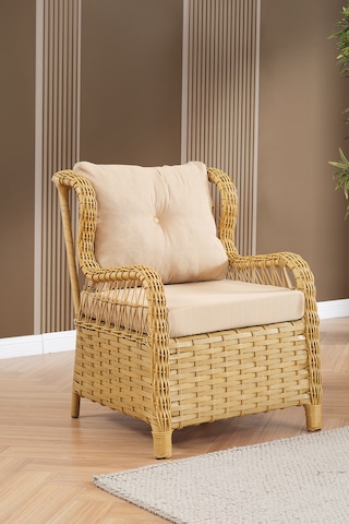 Paris Rattan Puflu Bahçe Balkon Takımı 3+1+1 Cam Masalı Cappuccino