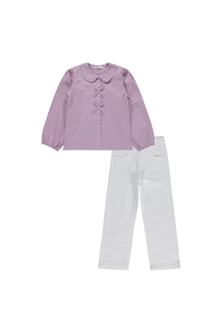 Civil Girls Fiyonklu Gömlek Pantolon İkili 6-9 Yaş Takım - Lila Beyaz - Lila