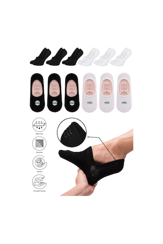 Saysez Bambu  Babet Asorti Dikişsiz Kaydırmaz Silikon Kadın Çorap  6'Lı Siyah - Beyaz