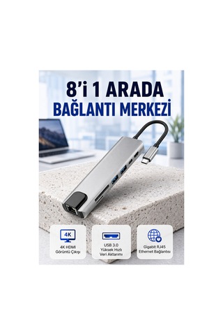 Seyahat Dostu 8 İn 1 Hub Şarj & Veri & Video & Ağ İçin Eksiksiz Çözüm Kopya Çok Renkli