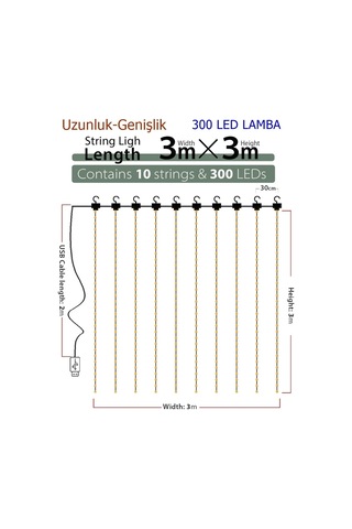 8 Fonksiyonlu Peri Perde Led Uzaktan Kumandalı Günışığı Perde Peri Led 3 Mt X 3 Mt Sarı