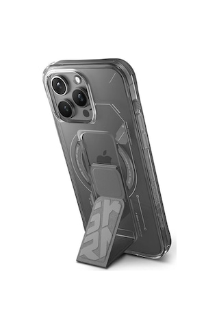Apple Uyumlu iPhone 15 Pro Max Kılıf Skinarma Magsafe Şarj Özellikli Teknoloji Desenli Standlı Helio Kapak Gri