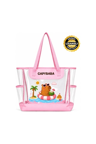 Capybara Lisanslı Figürlü Plaj Çantası Şeffaf Yüzeyli, Geniş Hacimli Pembe