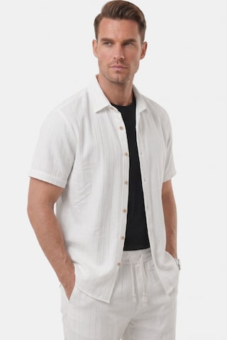 Deep Sea Deepsea Beyaz Slim Fit Çizgi Dokulu Keten Görünümlü Kısa Kol Erkek Spor Gömlek 2602648