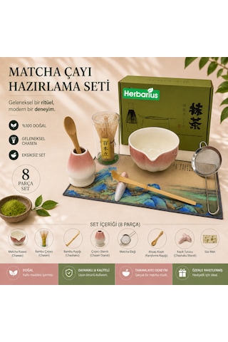 Herbarius 8 Parça Beyaz Geçişli Pudra Pembe Renk Matcha Çayı Hazırlama Seti - Geleneksel Japon Matcha Seti Pembe - Beyaz