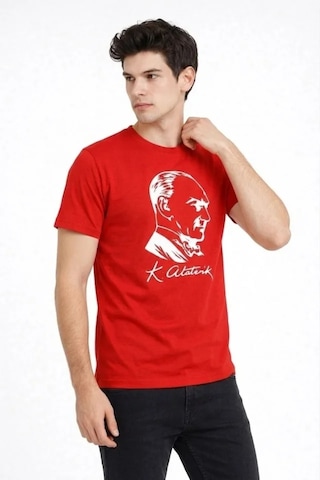 De'charme Erkek Atatürk Baskılı Tişört Kısa Kollu Bisiklet Yaka T-shirt - Kırmızı