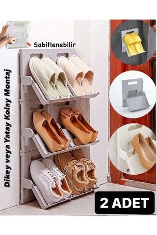 2 Adet Lyon Gri Ayakkabı Rafı Dikey İstiflenebilir Çok Katmanlı Y Gri