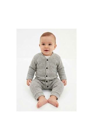 Gülerçocuk Unisex Bebek Pirinç Örgü Düğmeli Pamuklu Tulum 0-3 Ay - Düz Kol Soft Yenidoğan Bebek Kıyafeti Gri - 938555727 Gri
