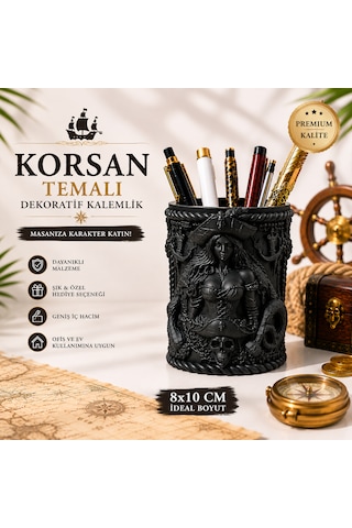 Özel Tasarım Korsan Temalı Dekoratif Kalemlik 8x10 Masaüstü Organizer Premium Kalem Tutucu Siyah