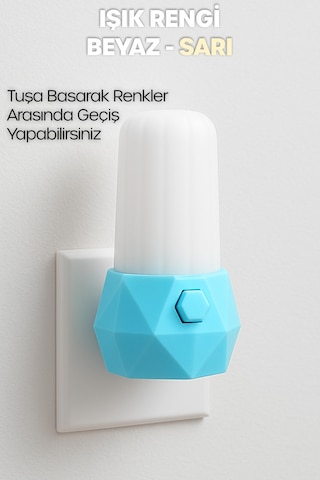 Gece Lambası Prizma Tip 2 Mod Sarı-beyaz Işık Tuşlu Koridor Hol Işığı Uyuma Işığı Turkuaz Gc07 Mavi
