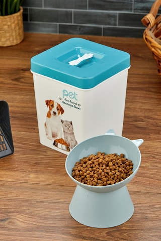 Evcil Hayvan Kedi Ve Köpek Mama Saklama Kabı & Mama Kabı Seti Kürek Hediyeli 3'lü Set - Mavi