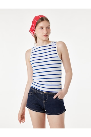Koton Pamuklu Çizgili Slim Fit Kayık Yaka Kolsuz Bluz Lacivert Çizgili 6sal30319ık