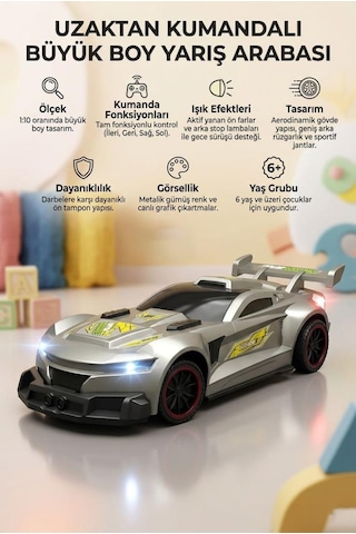 Uzaktan Kumandalı 7 Fonksiyonlu Işıklı Büyük Boy 1:10 Ölçekli Kauçuk Lastikli Oyuncak Yarış Arabası Gri