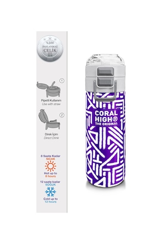 Coral High Kız Çocuk İçin 500 Ml'lik Paslanmaz Çelik Termos/suluk - Mor Beyaz Geometrik Desenli Çok Renkli