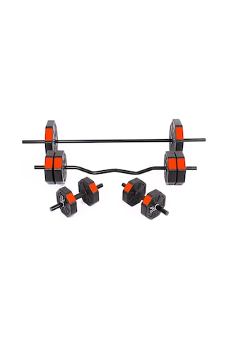 Tan Spor 50 KG Dambıl Halter Ağırlık Full Kısa + Düz + Z Bar Set Kırmızı Kapaklı