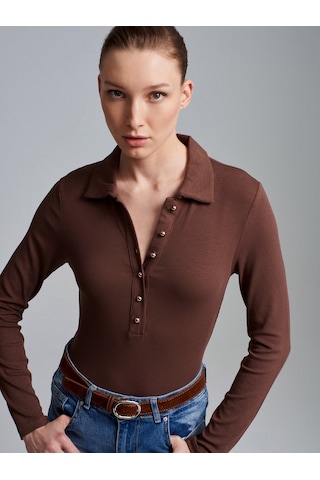 Dilvin 32671 Düğme Detaylı Polo Yaka Top-açık Kahve Açık Kahverengi