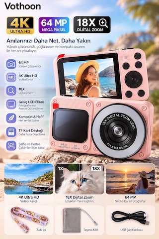 4k Dijital Fotoğraf Makinesi 18x Dijital Zoom 64 Mp Ön Ve Arka Ekranlı Kompakt Kamera Pembe Najmaddin Belirtilmemiş