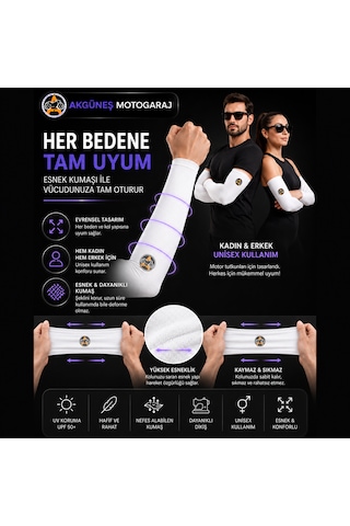 Akgüneş Motogaraj Motosiklet Kol Çorabı Uv Korumalı, Nefes Alan, Ter Tutmayan, Esnek Unisex Kol Kılıfı Beyaz