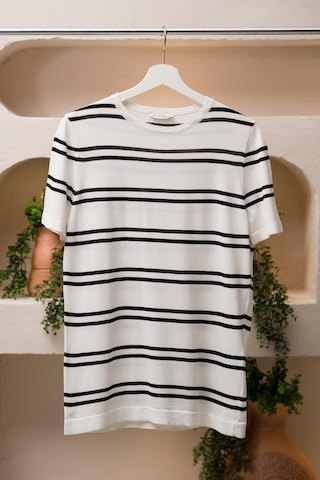 San&fa Bisiklet Yaka Çizgili Rayon Kumaş Slimfit T-shirt Beyaz