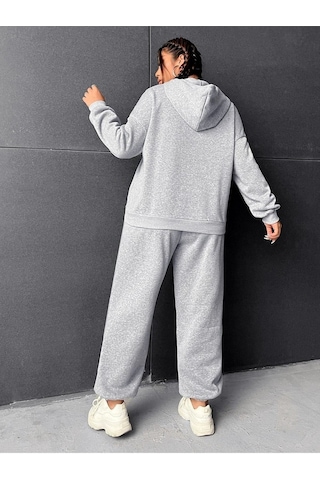 Eşofman Takımı Sweatshirt - Gri Baskılı Oversize Şardonlu Kapüşonlu Gri