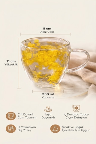 Makri Home Sarı Çiçekli Çift Cidarlı Cam Kupa, 350 Ml, 11 Cm X 8 Cm Çok Renkli
