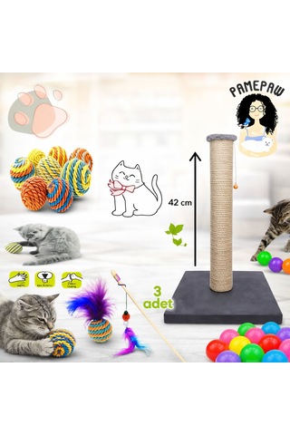 7'li Set: Kedi Tırmalama Tahtası , Sarma Top , Renkli Oyun Topu 3'lü , Tüylü Top Ve Kedi Oltası Seti