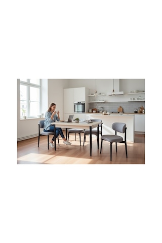 Tool Aksesuar T-6002 Traverten 70x120 Mdf Polo Açık Gri Sandalye 4 Kişilik Yemek Masası Takımı