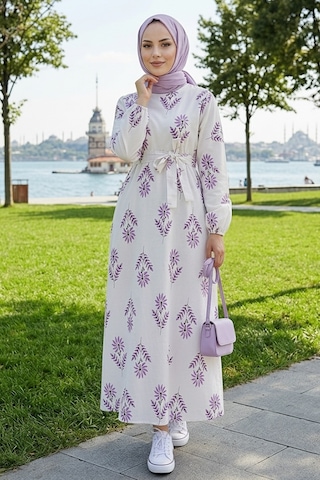 Bestenur Mayra Desenli Keten Elbise 1717 - Lila