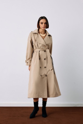 Sateen Kuşaklı Uzun Trenç - Bej-135231 Bej