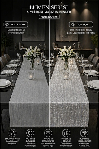 Lumen Serisi Silver 40x300 Cm Simli Dokuma Uzun Runner Modern Lüks Masa Örtüsü 8-10 Kişilik Gümüş