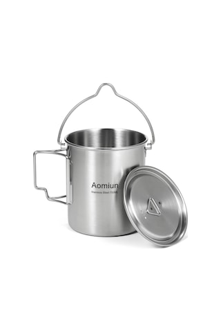 Aomiun 750ml Paslanmaz Çelik Tencere Taşınabilir Su Kupa Bardak Kapaklı Ve Katlanabilir Saplı Dış Mekan Gümüş