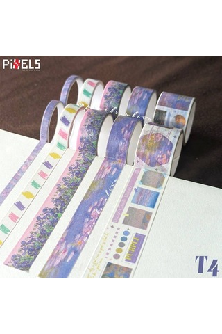 Vintage Washi Tape Bant Baskılı Yapışkanlı Maskeleme Kağıdı 45e Desenli Bant 10'lu - Mor Göl 1