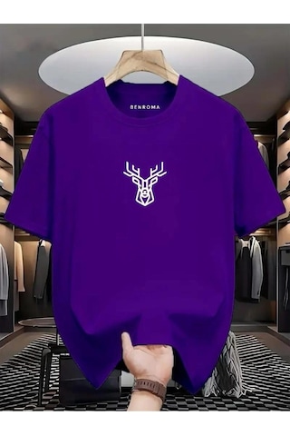 Geyik Baskılı Oversize Tişört Mor